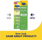 Back label of Dr. Scholl's probiotic foot spray showing ingredients and microbiome benefits