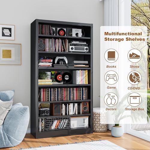 DUTYSEST black multimedia organizer tower styled as a modern bookshelf in a contemporary home office environment.