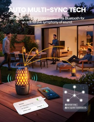 BolaButty wireless lantern speaker casting a flickering flame effect on a dark patio table