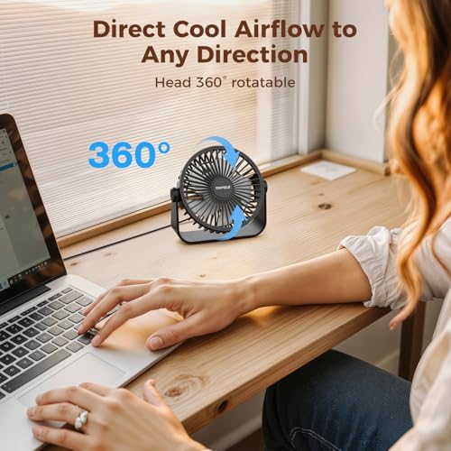 TriPole battery free table fan connected to a portable laptop USB port showcasing universal power compatibility