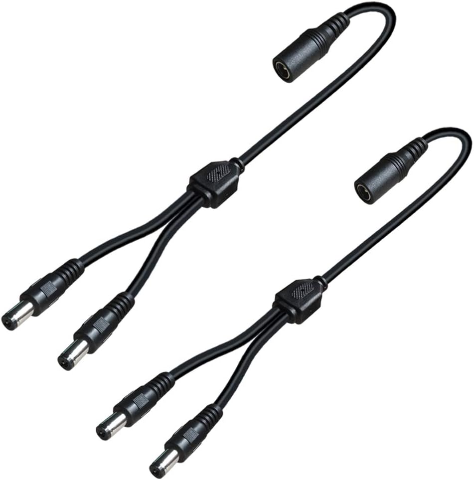SIOCEN DC power splitter cable pack front view showing the 1 female to 2 male configuration for security camera systems.