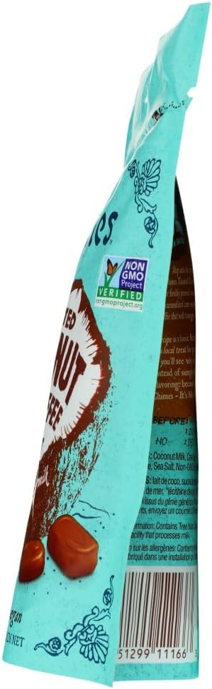 Close-up of Chimes coconut toffee packaging displaying ingredients list