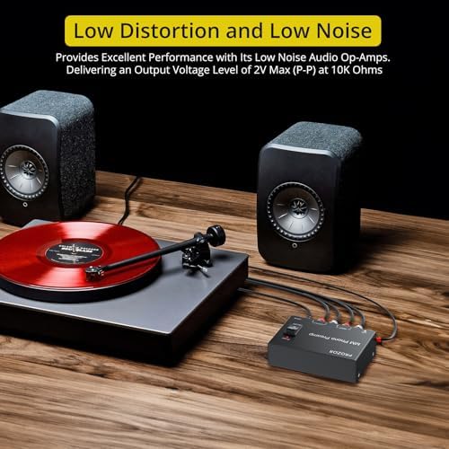 Close up view of the gold plated connectors on the PROZOR compact low noise turntable preamplifier