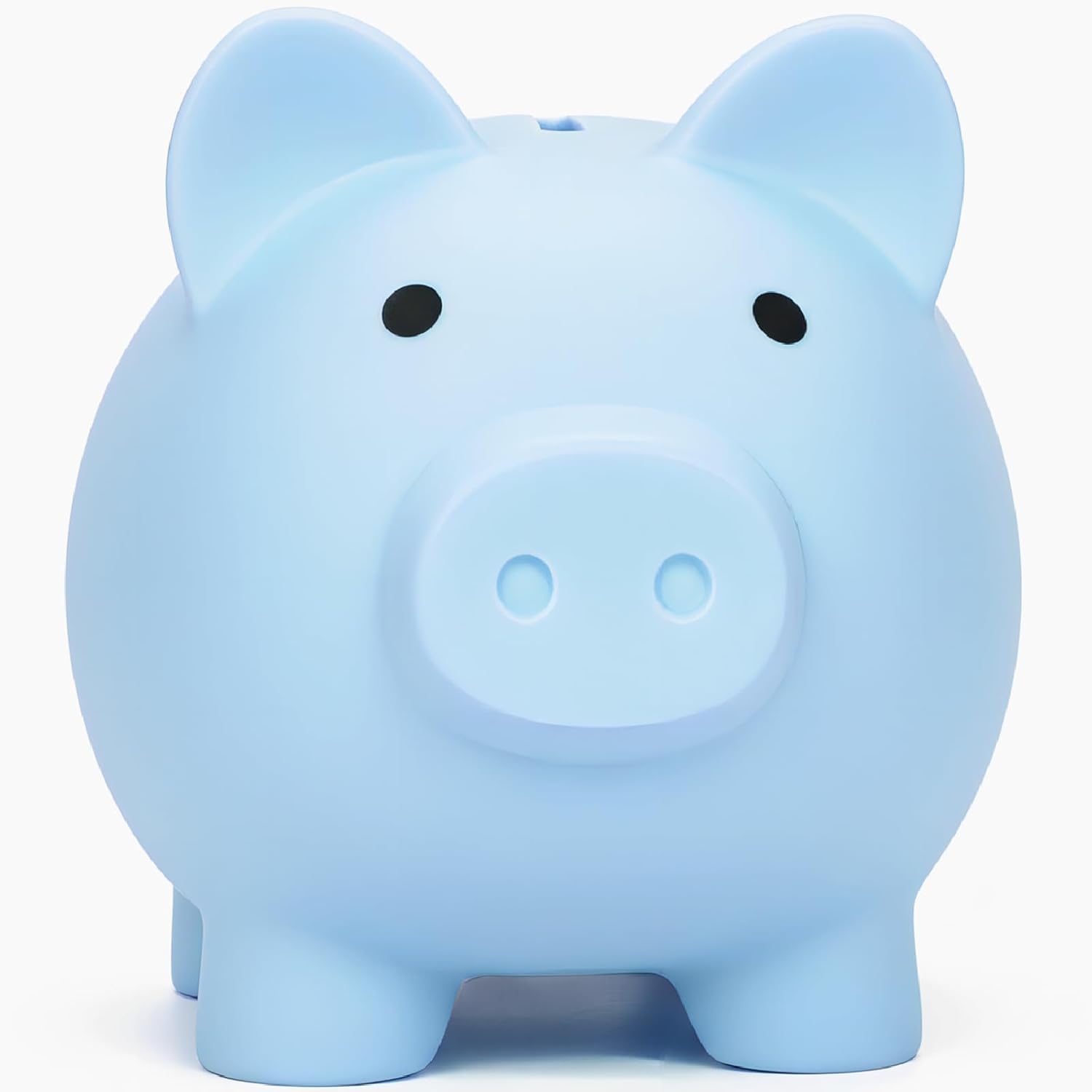 Sbrvaniy unbreakable plastic piggy bank front view showing cute blue cartoon pig design for kids savings.