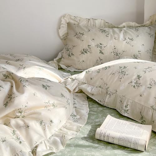 MKXI cottagecore beige bedding set showcasing reversible green floral design