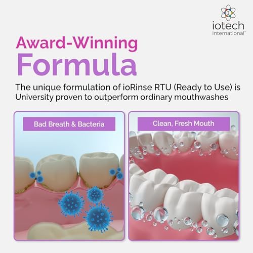 Back label of Iotech International ioRinse mouthwash showing directions for use and ingredients.