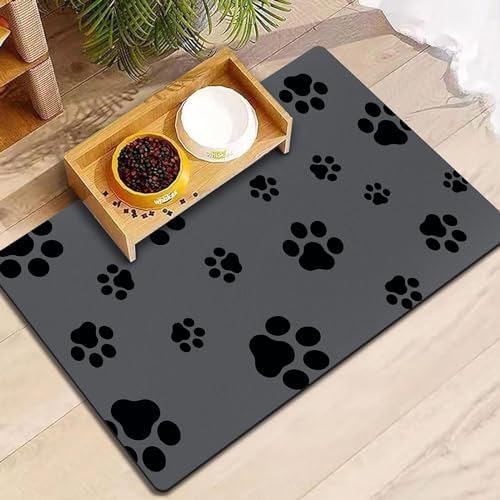 Dark grey dog mat for food and water with paw prints surface detail