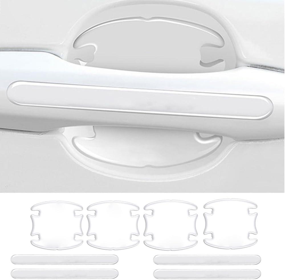 Booge universal car door handle protector sticker front view pack of eight clear films.