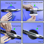 Four pack of black WORCAS car handle scratch protectors displaying universal sizing measurements for vehicle doors
