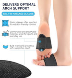 HiRui black elastic foot arch brace being worn with sneakers for athletic support.