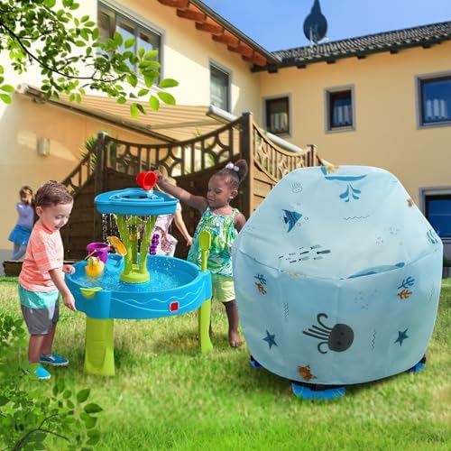 Full backyard setup featuring the durable Raweao protective shield over a children splash tower playing station.