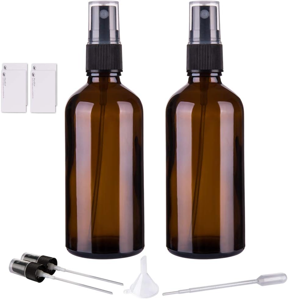 Hydior amber glass spray bottles in 2 pack with black fine mist sprayer tops