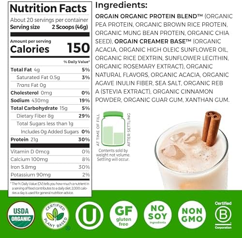 Orgain Horchata protein powder nutritional facts label