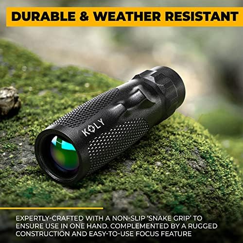 Koly 10x25 lightweight monocular telescope with the included wrist strap and protective carrying case.