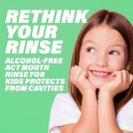 Back label of ACT Kids Wild Watermelon rinse detailing fluoride ingredients and usage.