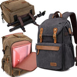 Tuceng waterproof canvas camera rucksack rear view displaying the padded 16 inch laptop compartment