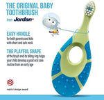 Authentic Jordan Step 1 toothbrush set for toddlers in green and blue colors.