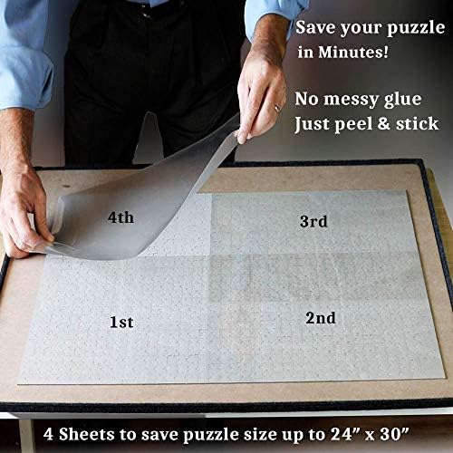 Peel and stick clear adhesive sheet being applied to the back of a jigsaw puzzle