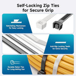 Black and white plastic wire wraps neatly organized for home office cable management.