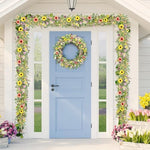 Close up view of the realistic faux lavender and daisy blossoms on the YLOLUL 6.5 feet floral wreath.