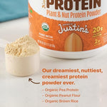 Orgain X Justin's clean plant protein powder container angle view