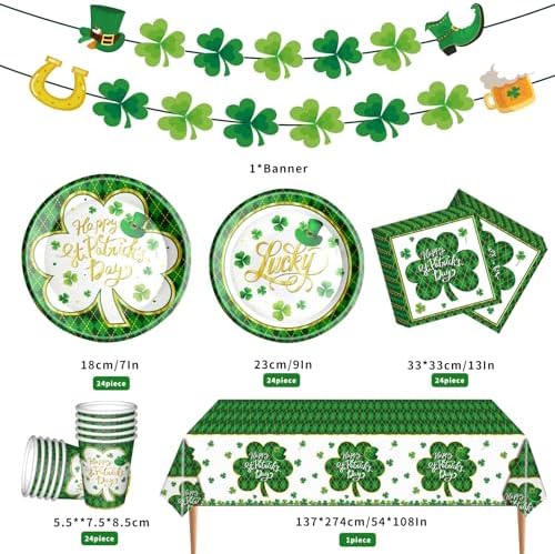 Close up of lucky shamrock paper plates and napkins