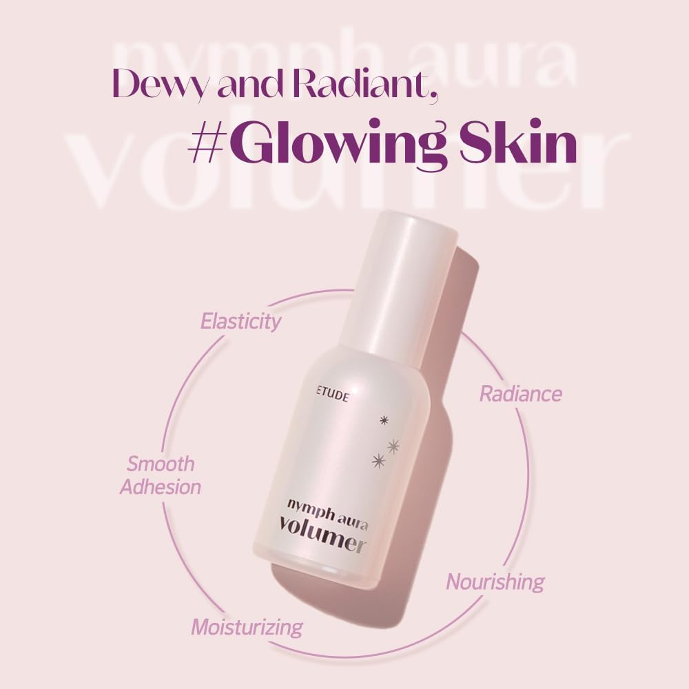 ETUDE Nymph Aura Volumer cream texture showing the transparent luminous glow finish on skin