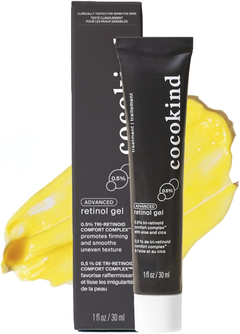 Cocokind Beginner Retinol Gel imported skincare product display on a vanity countertop