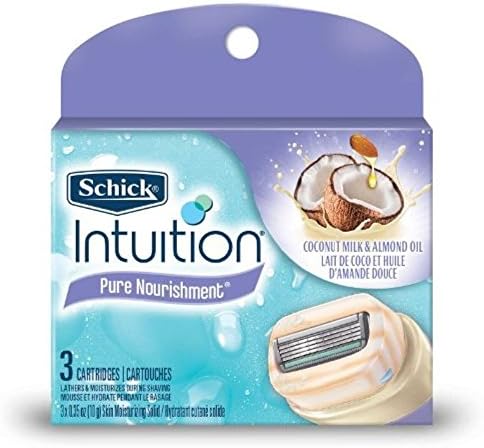 Close-up of the USA-imported Schick Intuition moisturizing blade refill highlighting the built-in coconut milk and almond oil soap bar