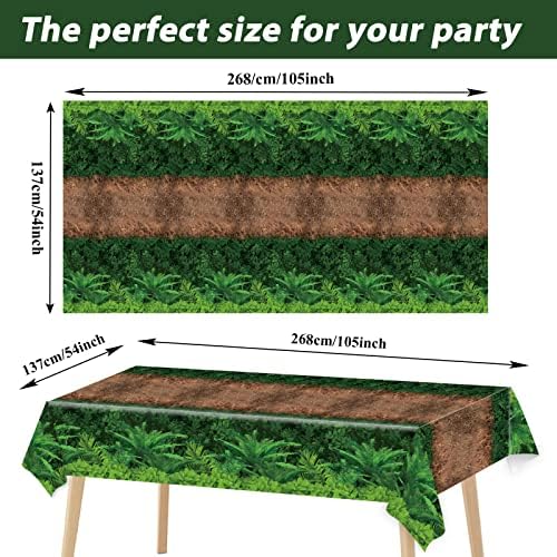 Close up view of the jungle lawn and dirt path design on the woodland party tablecloth