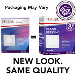 Individual sterile wrapped package of Healqu four by four inch island wound dressing.