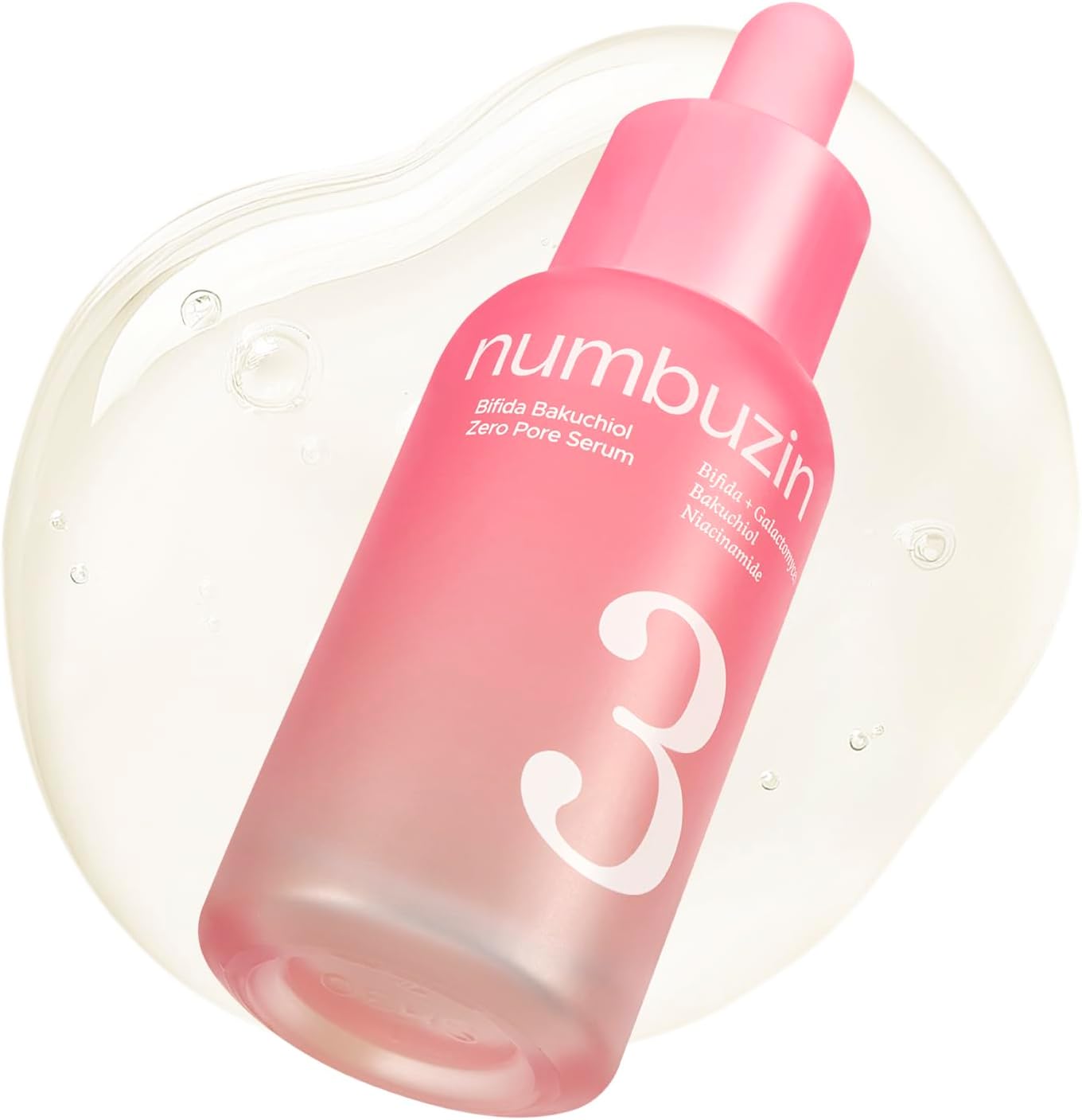 Numbuzin Number Three Bifida Bakuchiol Zero Pore Serum front view of pink gradient bottle