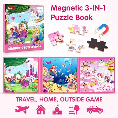 Close up view of the durable magnetic puzzle pieces sticking securely to the opened book page during an airplane journey.