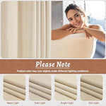 Full view of the cream hookless bathroom curtain set installed on a standard shower rod.