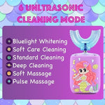 USB charging cable connected to the base of the Geacker mermaid toothbrush showing the charging indicator light
