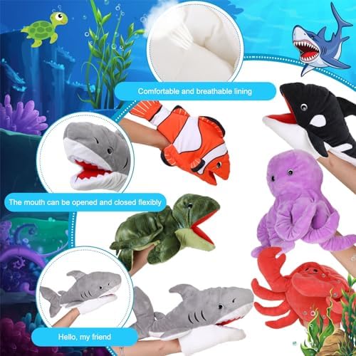 Liliful 30 centimeter sea animal puppets being worn by an adult and child hand.