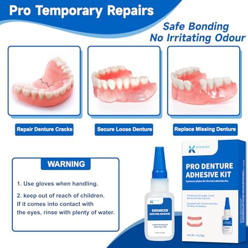 Denture repair glue kit including gloves and glue ring holders