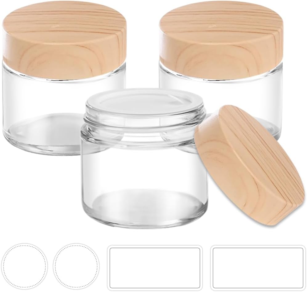 Seafulee Tecohouse glass jars with woodgrain lids front view