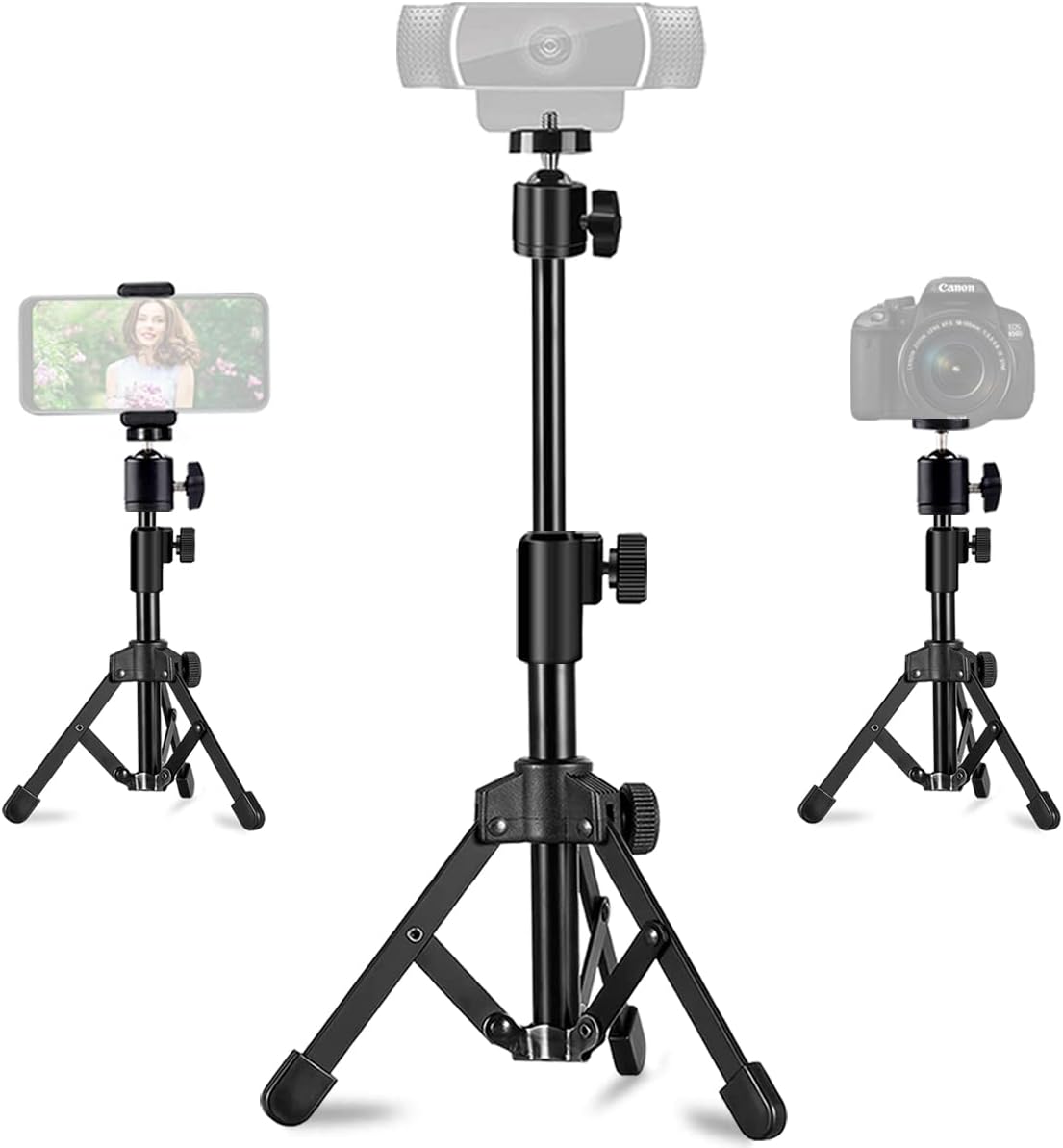 JCWINY webcam stand front view showing extended metal desktop tripod setup