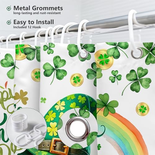 Detailed view of the twelve sturdy plastic hooks included with the MEHOFOND shamrock bath curtain.