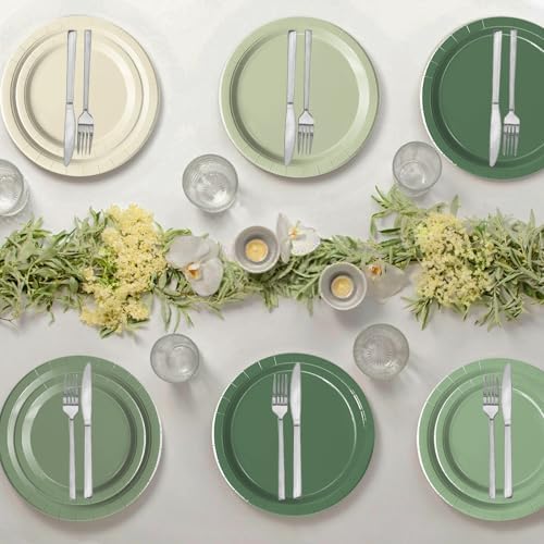 Sage green birthday party table setup with Oigco disposable plates