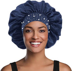 Hair Bonnet Glittering Pearls and Rhinestones Satin Bonnet Wide Band Sleeping Cap - Image 11