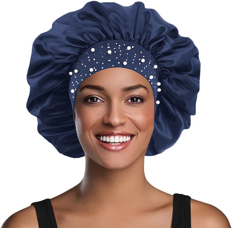 Hair Bonnet Glittering Pearls and Rhinestones Satin Bonnet Wide Band Sleeping Cap - Image 11
