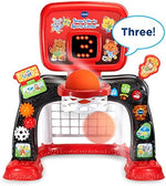 Toddler playing with Vtech basketball and soccer sports center