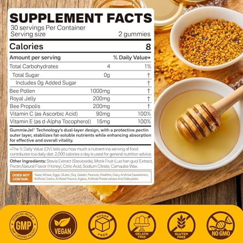 Nextdia sugar free honey flavor bee pollen gummies dietary supplement nutritional facts label