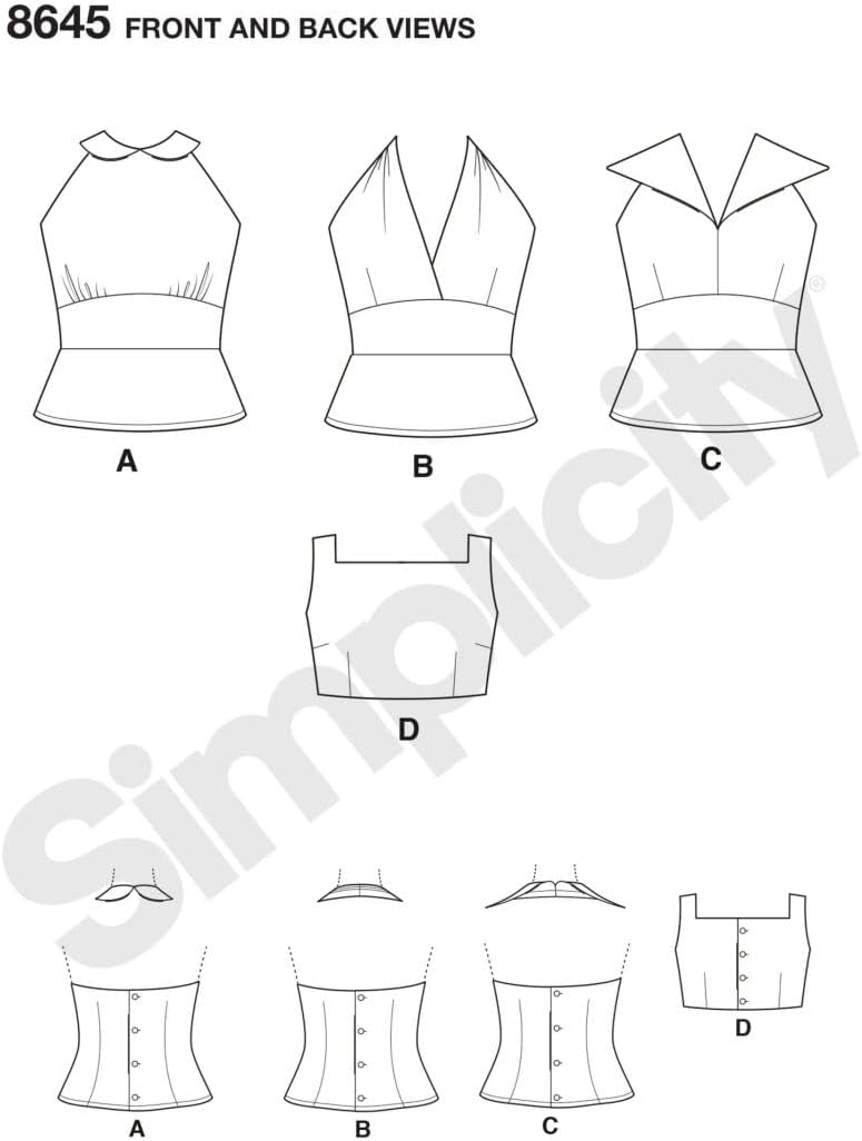 Simplicity retro 1950s pattern size range and back details illustration