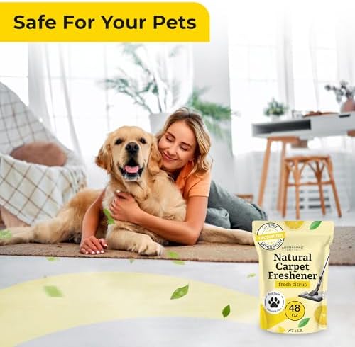 Pet safe carpet powder for vacuuming showing 100 percent natural ingredients