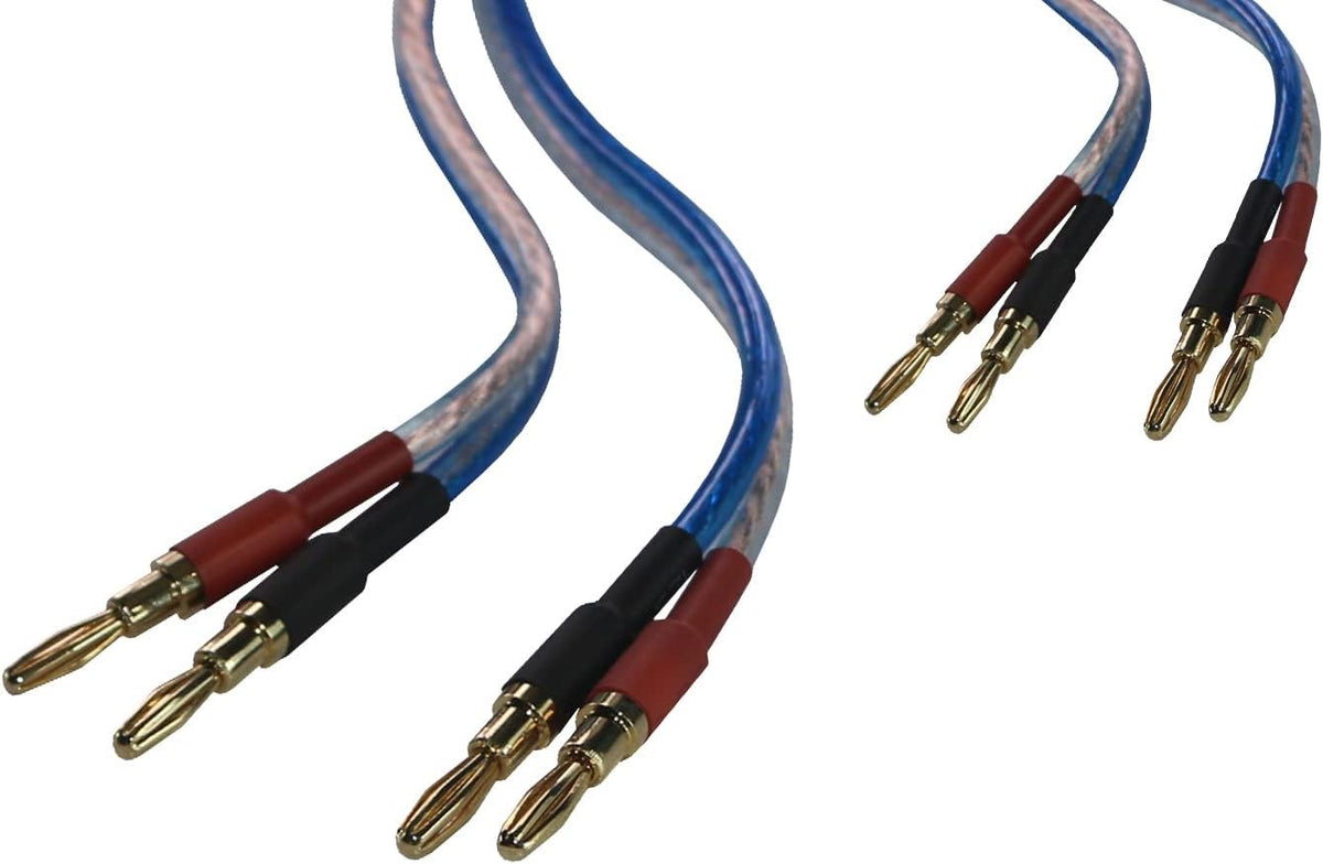 KK Cable BB2-2 HiFi speaker wire front view showing blue jacket and banana plugs.