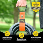 Two pack of blaze orange heavy duty hose carrier straps laid flat.