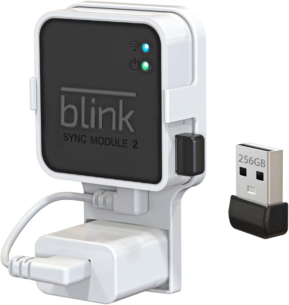 Hibezos 256GB Blink USB flash drive and white outlet wall mount bundle front view local storage kit
